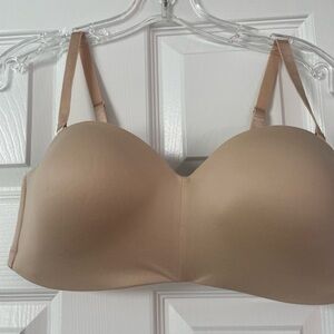 Wacoal strapless or use wide set straps, lightly lined cups, in sand color.